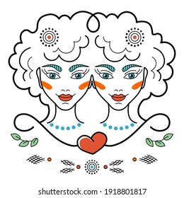 Gemini zodiac sign Constellations on White background, logo, tattoo, vector illustration. Girls power, twins faces with lines fantasy ornament, in fairy style