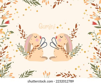 Gemini zodiac sign. Cute banner with Gemini, stars, flowers, and leaves. Astrological sign of the zodiac. Vector illustration.