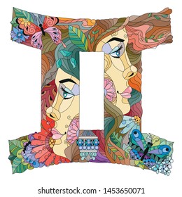 Gemini zodiac sign cute cartoon character retro zentangle stylized in vector