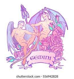 Gemini Zodiac sign with a decorative frame of roses. Beautiful male twins. Concept art for horoscopes, tattoo design, colouring books. Gay Pinup style Sketch isolated on white background. EPS10 vector