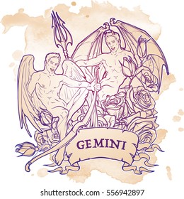 Gemini Zodiac sign with a decorative frame of roses. Beautiful male twins. Concept art for horoscopes, tattoo design, colouring books Gay Pinup style Sketch isolated on grunge background. EPS10 vector