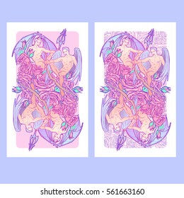 Gemini Zodiac sign with a decorative frame of roses. Beautiful male twins. Concept art for horoscopes, tattoo design colouring books. Gay Pinup style Sketch vertical banners. EPS10 vector illustration