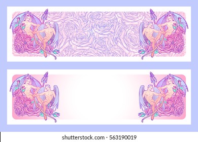 Gemini Zodiac sign with a decorative frame of roses. Beautiful male twins. Concept art for horoscopes, tattoo design colouring books. Gay Pinup style Sketch horizontal banners. EPS10 vector
