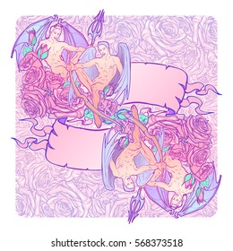 Gemini Zodiac sign with a decorative frame of roses. Beautiful male twins. Concept art for horoscopes, tattoo design colouring books. Gay Pinup style banner. EPS10 vector illustration