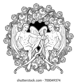 Gemini Zodiac sign with a decorative frame of clouds. Alchemy element - Air. Beautiful male twins. Concept art for horoscopes, tattoo design, colouring books. Gay Pinup isolated on white background.