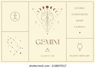 Diseño De Signos Zodiac Gemini, Logo Resumen Esotérico, Símbolos Espirituales Místicos, Iconos. Astrología, Luna y Estrellas, arte esotérico mágico.