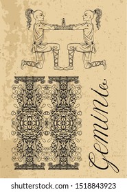 Gemini Zodiac Sign and fantasy mascot on texture. Collection of characters and astrological symbols in victorian style. Vector line art illustration for Horoscope, Esoteric and Mystic design