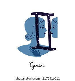 Signo de zodiaco de Gemini. Silueta azul hembra con gemelo. Ilustración vectorial de un signo astronómico con una niña aislada en un fondo blanco. Gemini zodiac horoscopio.