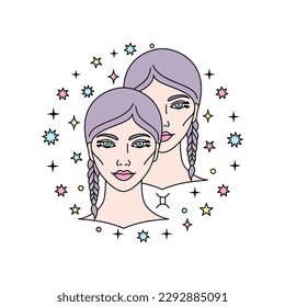 Gemini zodiac sign with female face in linear style. Vector illustration isolated on a white background.