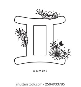 Gemini zodiac sign with flowers, stars and moon, vector art, white background