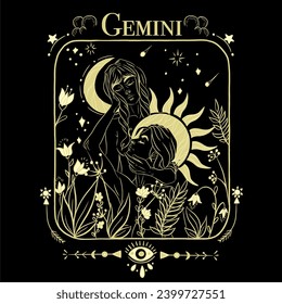 Gemini zodiac sign in the form of two girls among flowers and stars depicted with a golden line on a black background.