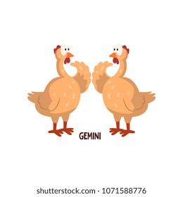 Gemini zodiac sign, funny chickens, horoscope element vector Illustration on a white background
