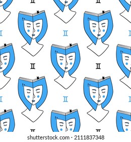 Gemini zodiac sign girl vector seamless pattern background for astrology, horoscope design.

