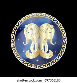 Gemini zodiac sign in golden circle frame