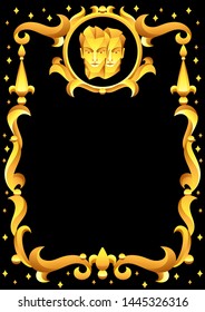 Gemini zodiac sign with golden frame. Horoscope symbol. Stylized astrological illustration.