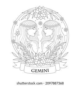 Gemini zodiac sign hand drawing or coloring book