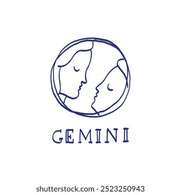 Gemini zodiac sign. Hand drawn sketch. Blue pen or marker drawing. Astrological calendar, zodiacal round. Vector horoscope