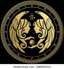 Gemini. Zodiac sign. Horoscope. Gold  circle on a black background.