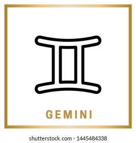 Gemini Zodiac sign. Horoscope. Isolated black icon on white background with golden inscription. Vector illustration