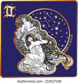 Gemini zodiac sign. Horoscope.Two womans twins and circle with the constellation and stars. Golden and white figure on blue background.Graphic Vector Illustration in retro style.  