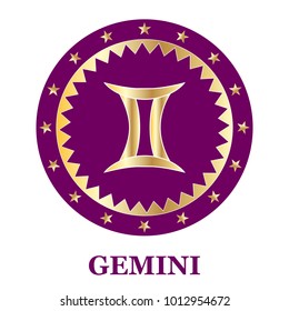 Gemini Zodiac sign icon isolated. Astrology and horoscope design element. Golden symbol on purple background decorated with stars. Vector illustration