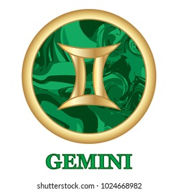 Gemini Zodiac sign icon isolated. Astrology and horoscope graphic design element. Golden symbol on malachite green background. Vector illustration