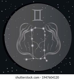 Gemini zodiac sign icon on dark night sky background. Sagittarius constellation