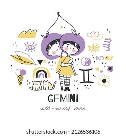 Gemini zodiac sign illustration. Astrological horoscope symbol character for kids. Colorful card with graphic elements for design. Hand drawn vector in cartoon style with lettering