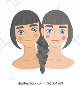 Gemini zodiac sign isolated on white background. Twin girls with hair braided together on astrology seamless background.