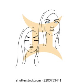 Gemini zodiac sign line symbol on white background. Abstract heads of astrological sign gemini