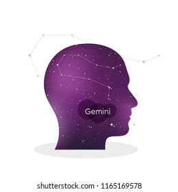 Gemini zodiac sign. Man portrait in profile. Horoscope symbol, linear constellation. Star universe texture. Vector illustration