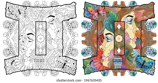 Gemini zodiac sign with mandala Cute cartoon character retro zentangle stylized in vector