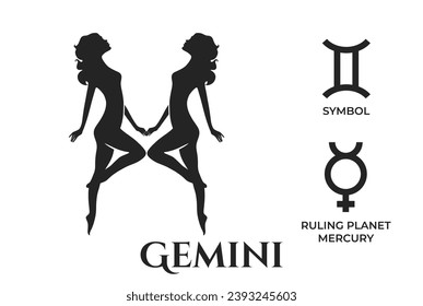 gemini zodiac sign. mercury ruling planet symbol. horoscope and astrology icons. isolated vector image