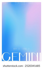 Gemini zodiac sign. Modern astrology poster in Y2k style. Blurred horoscope background. Gradient template for social media post. Perfect for tarot readers and astrologers. Vector illustration.