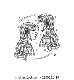 Gemini Zodiac sign. Modern magic Astrological symbol. Illustration of horoscope. Boho design for witchcraft card. Hand drawn Engraved old monochrome sketch.