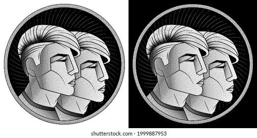 Signo de zodiaco de Gemini, símbolo de horóscopo astrológico monocromo. Icono de estilo de píxeles. Viñetas gráficas blancas y estilizadas, jóvenes del futuro con un elegante cabello corto y moderno. Vector.