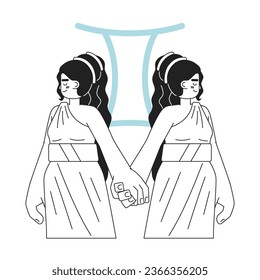 Gemini zodiac sign monochrome concept vector spot illustration. Women twins holding hands 2D flat bw cartoon character for web UI design. Astrology isolated editable hand drawn hero image