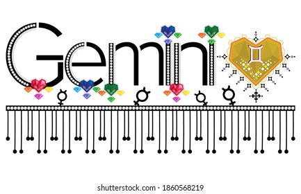 Gemini. Zodiac sign. Moon sign. Astrology sign gemstone label. Horoscope vector. Vedic sign title. Astrology sticker. Astronomy badge. Stock illustration. Lettering text. Gems and patterns.