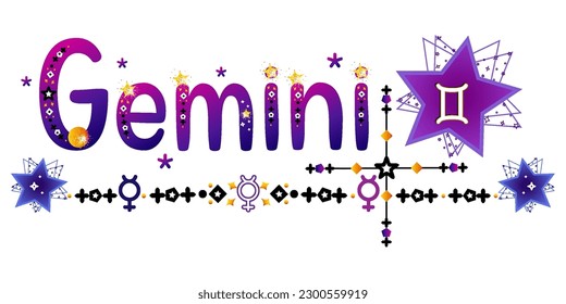 Gemini. Signo zodiaco. Señal de la luna. Etiqueta de astrología. Señal de sol. Etiqueta astrológica. Estrellas espaciales planetas. Vector de horóscopo. Título védico de la señal. Insignia de astronomía. Ilustración bursátil. Texto de la carta. 