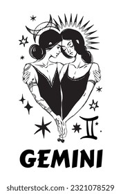 Gemini zodiac sign mystical engraving, modern tattoo, astrology card, horoscope calendar. Two girls hugging, witches with mystic symbols of sun and moon, vector illustration isolated on white