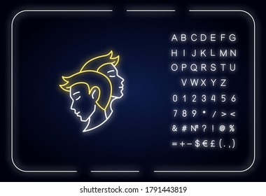 Gemini zodiac sign neon light icon. Outer glowing effect. Astrological birth sign. Horoscope twins sign with alphabet, numbers and symbols. Two faces vector isolated RGB color illustration