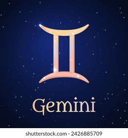 Gemini zodiac sign on dark blue starry sky. Gemini symbol. Astronomy, astrology, horoscope. Cosmos. Third zodiac sign - the ruler planet Mercury. Element - Air. The Twins. Vector illustration