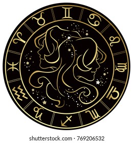 Gemini. Zodiac sign on a dark background in a gold frame with stars. Vector illustration.