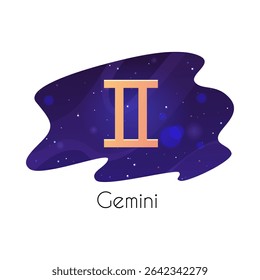 Símbolo do zodíaco Gemini no céu estrelado. Símbolo de Horóscopo Gemini no fundo do espaço. Ilustração plana astrológica vetorial. Elemento moderno do projeto da adivinhação celestial no quadro decorativo