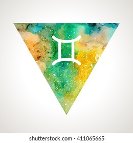 Gemini zodiac sign on watercolor  triangle background. Astrology symbol