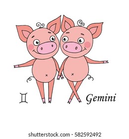 Gemini zodiac sign on white background. Design elements for calendars or cards. Vector illustration of cute pigs in cartoon style.