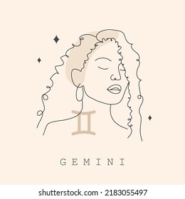 Gemini zodiac Schild. Eine Zeichnung. Astrologisches Symbol mit abstraktem weiblichem Gesicht. Mysteriöse und esoterische Umriss-Logo. Horoskop-Symbol. Lineare Vektorgrafik im minimalistischen Stil.