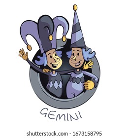 Gemini zodiac sign people flat cartoon vector illustration. Twins in jester hat, astrological symbol personality. Ready to use 2d character for commercial, printing design. Isolated concept icon