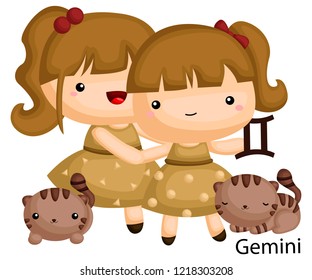 gemini zodiac sign portrayed by a twin girl with their cats