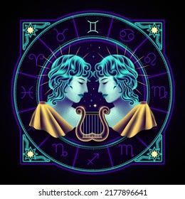 Gemini zodiac sign represented by two male youths. Neon horoscope symbol in circle with other astrology signs sets around.